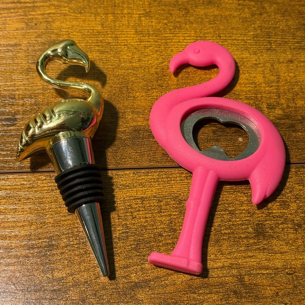 Flamingo Wine Bottle Stopper and Pink Bottle Opener Set Tropical Barware Gold